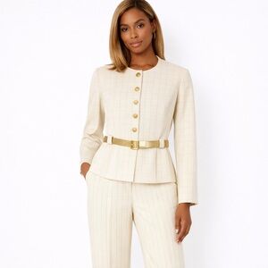 EUC Women's California Design Pant Suit Blazer Trousers Size 12 Ivory and Gold